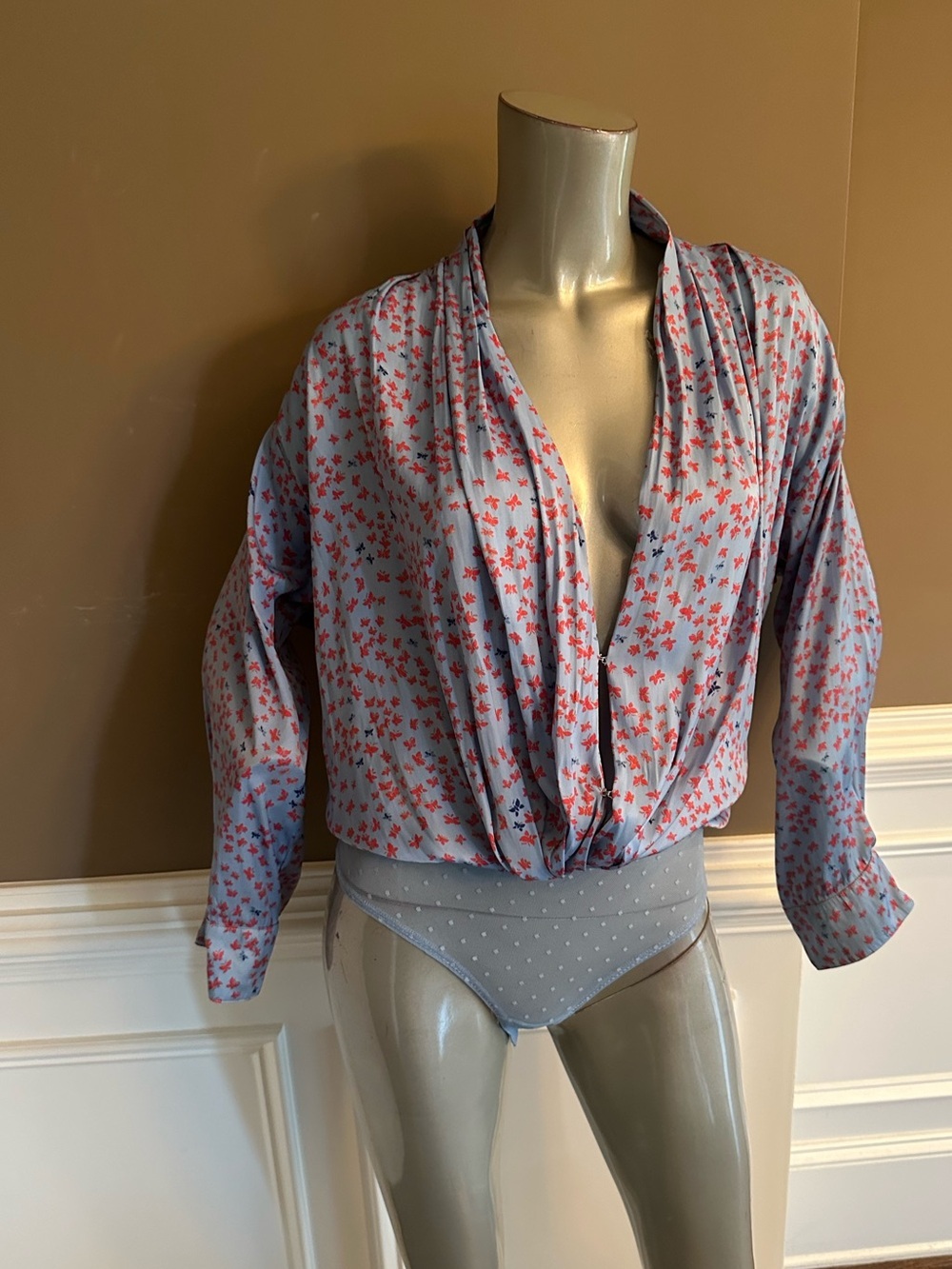 NWT FREE PEOPLE Butterfly Blue Long Sleeves Draped Bodysuit Sz Small